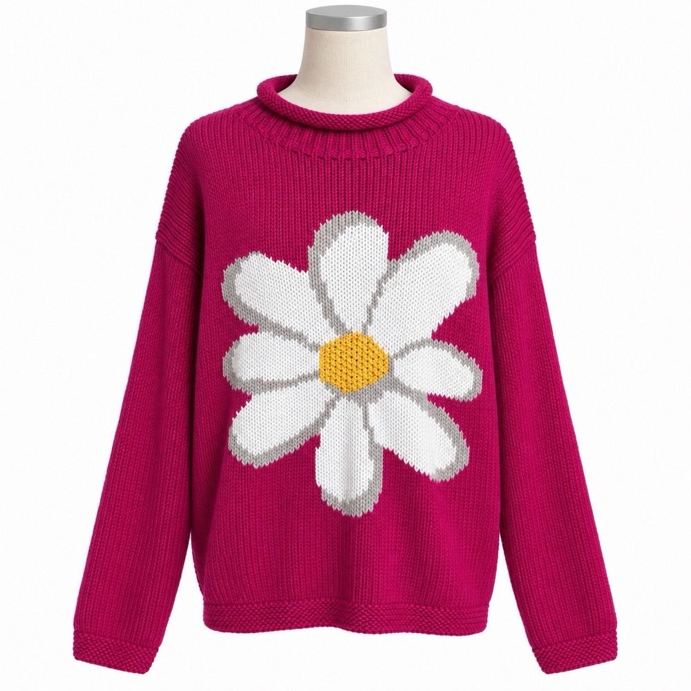 Vtg Monterey Bay Clothing Co Cotton Daisy Flower Knit Sweater L Pink Whimsical